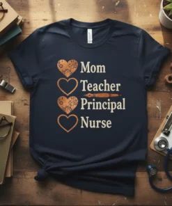 Mom Teacher Principal Nurse text design with heart icons and a fountain pen graphic on a navy t-shirt