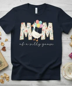 Mom of a Silly Goose t-shirt design with floral letters and a goose holding balloons