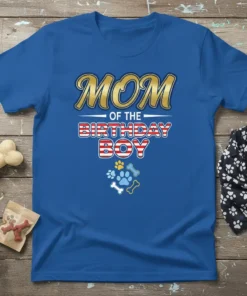 Mom of the Birthday Boy t-shirt with paw prints and bone graphics, featuring gold and red text