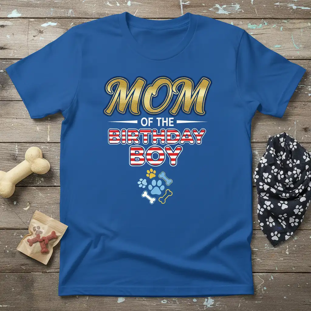 Mom of the Birthday Boy text design with paw print graphics and dog bone accents on a blue tee