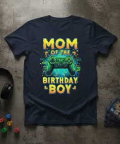 Mom of the Birthday Boy t-shirt design with a green video game controller and retro-style text