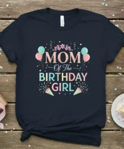 Mom Of The Birthday Girl text with balloons and confetti on a navy blue t-shirt