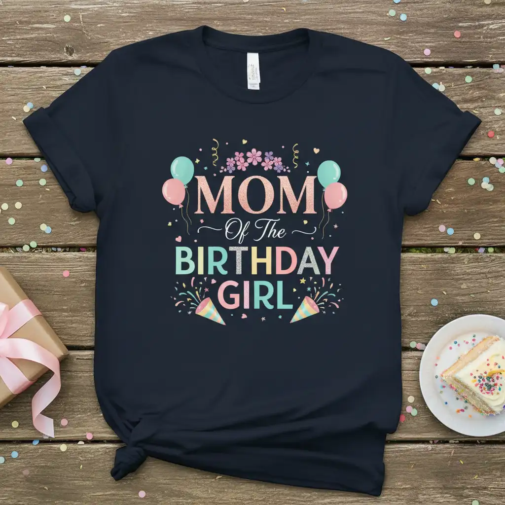 Mom Of The Birthday Girl text design with festive balloons and confetti graphics