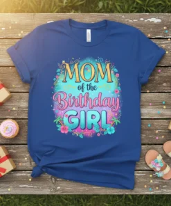 Mom of the Birthday Girl t-shirt with colorful tropical floral design. Text reads "MOM of the Birthday GIRL" in playful