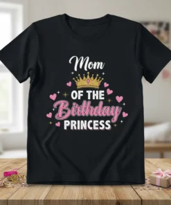 Mom Of The Birthday Princess text with a golden crown and pink hearts graphic on a black t-shirt