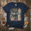 Mom of the Par-Tea Girl text design with vintage teacups, teapot, roses, and butterflies on a navy t-shirt