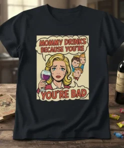 Mommy Drinks Because You're You're Bad detailed graphic design printed on comfortable cotton t-shirt