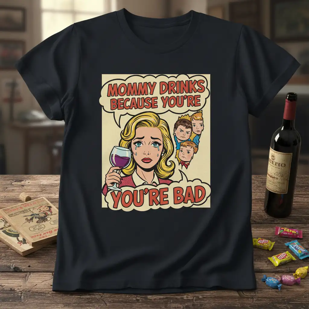 Mommy Drinks Because You're You're Bad bold typography printed on comfortable cotton fabric creating a standout t-shirt