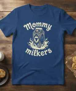 Mommy Milkers t-shirt featuring a stylized milk carton with a cow logo and splashing milk, with "Mommy milkers" text