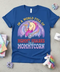 Blue t-shirt with "IN A WORLD FULL OF MOMMY SHARKS be a MOMMYCORN" text and a colorful unicorn graphic