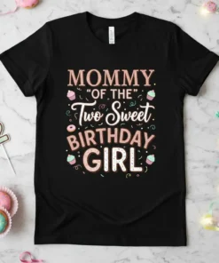 Mommy "Of The" Two Sweet Birthday Girl text with cupcakes and donuts graphic on a black t-shirt