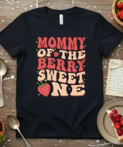 Mommy Of The Berry Sweet One t-shirt with retro font and strawberry graphics