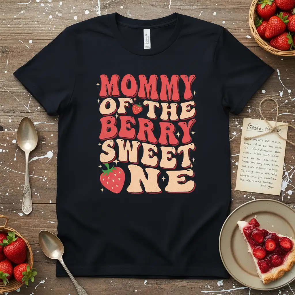 Mommy Of The Berry Sweet One quote in groovy font with strawberry accents on a black t-shirt