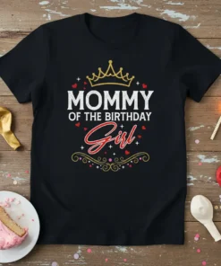Mommy Of The Birthday Girl text with a crown graphic and decorative elements on a black t-shirt