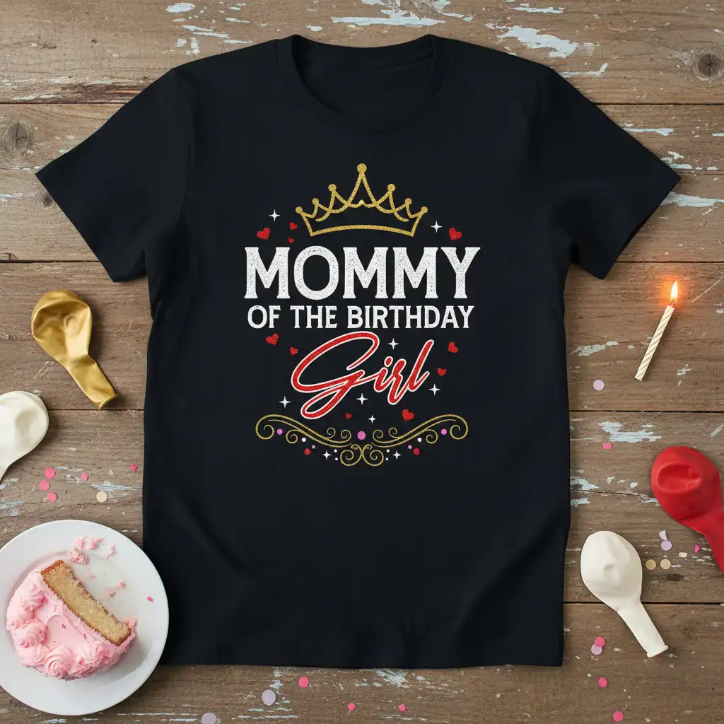 Mommy Of The Birthday Girl text with crown graphic on black t-shirt for birthday celebration