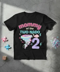 Mommy of the Two-Nado graphic t-shirt design for a 2nd birthday, featuring a cute cartoon tornado and the number 2