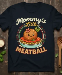 Mommy's Little Meatball t-shirt design featuring a cute cartoon meatball with pasta and sauce