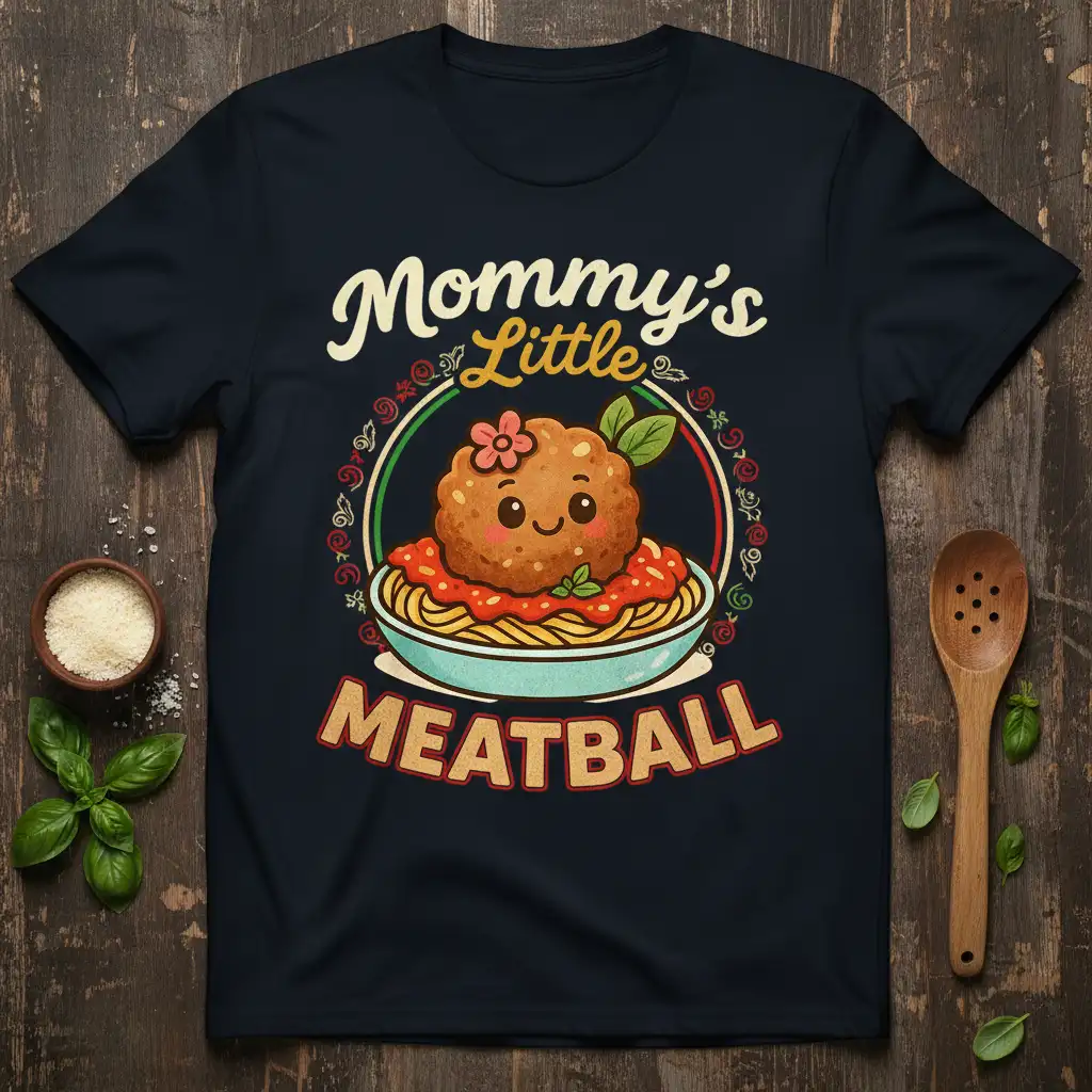 Mommy's Little Meatball cute cartoon meatball with spaghetti design on a navy t-shirt