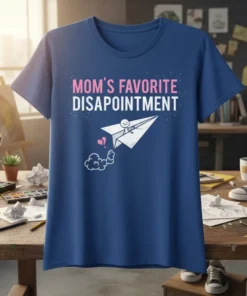 Mom's Favorite Disappointment humorous quote on a blue t-shirt with a stick figure on a paper airplane graphic