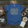 Mom's Favorite t-shirt design with gold ornate text and laurel wreath graphic