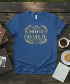 Mom's Favorite t-shirt design with gold ornate text and laurel wreath graphic
