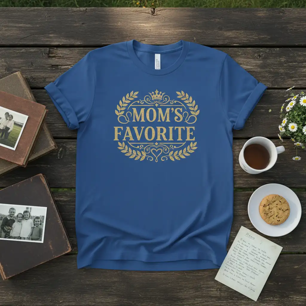 Mom's Favorite text design in gold ornate font with laurel wreath graphic on a blue t-shirt