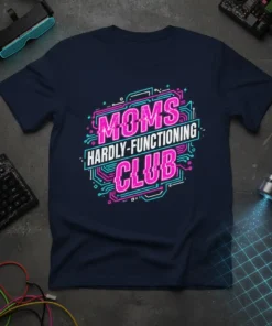 Navy t-shirt with "Moms Hardly-Functioning Club" text in neon pink and cyan circuit board design