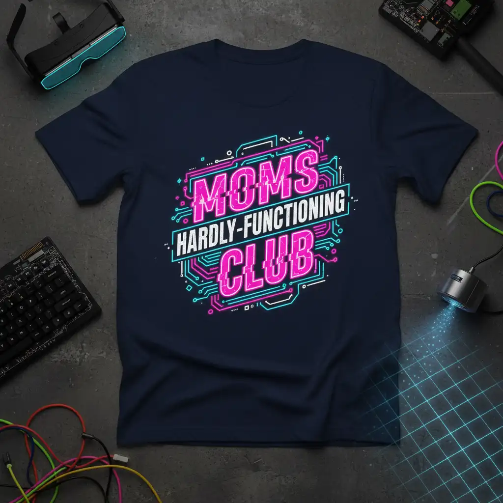 Moms Hardly-Functioning Club text design with neon pink and cyan circuit board graphics on a navy t-shirt