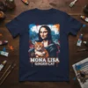 Mona Lisa Ginger Cat T-Shirt featuring the famous painting with a ginger cat, bold text "MONA LISA GINGER CAT"