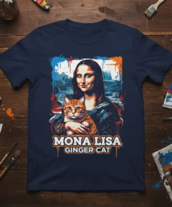 Mona Lisa Ginger Cat T-Shirt featuring the famous painting with a ginger cat, bold text "MONA LISA GINGER CAT"
