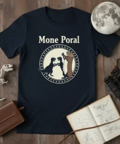 Mone Poral t-shirt design featuring two dinosaurs and a beaver-like creature in a circle with stars