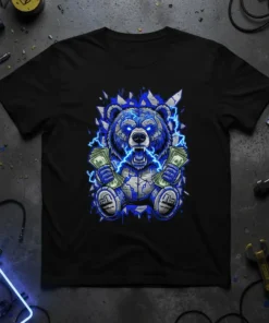 Money Bear Lightning T-Shirt with aggressive blue bear holding cash and surrounded by blue lightning
