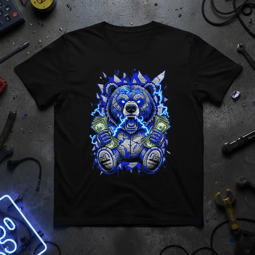 Aggressive blue bear holding money stacks with electric blue lightning and cracked design, Money Bear Lightning graphic