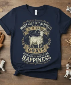 Navy t-shirt with "Money Can't Buy Happiness But It Can Bay Goats Which Is Pretty Much The Same Happiness" quote
