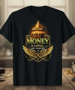 Money is calling... and I must go! quote with treasure chest graphic on a black t-shirt