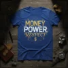 Money Power Respect typography design with currency symbols on a royal blue t-shirt