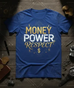 Money Power Respect typography design with currency symbols on a royal blue t-shirt