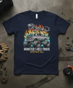 Monster T-Rex Truck Destroy All text design with a T-Rex skeleton on a monster truck surrounded by flames