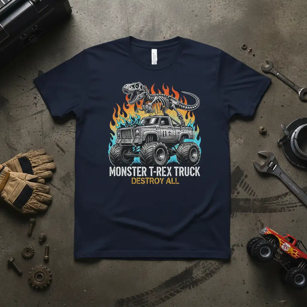 MONSTER T-REX TRUCK DESTROY ALL text design featuring a T-Rex skeleton on a monster truck amidst fire