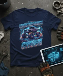 Monster Truck Crush design featuring a powerful truck crushing obstacles, with neon text