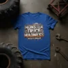 Blue t-shirt with "MONSTER TRUCK MADNESS FUELED BY ADRNALINE" text and gear graphics