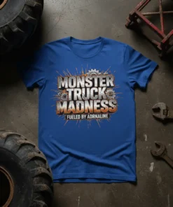 Blue t-shirt with "MONSTER TRUCK MADNESS FUELED BY ADRNALINE" text and gear graphics