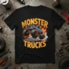 Monster Trucks T-Shirt design featuring a blue monster truck with flames and checkered flags, text reads "MONSTER TRUCKS"