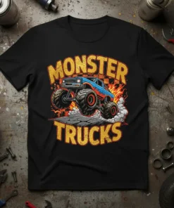 Monster Trucks T-Shirt design featuring a blue monster truck with flames and checkered flags, text reads "MONSTER TRUCKS"