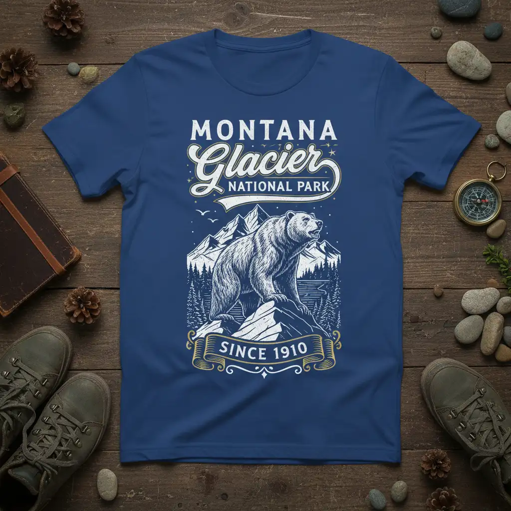 Montana Glacier National Park Since 1910 text with bear and mountain graphic on t-shirt