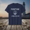 Montauk Long Island anchor graphic t-shirt with rope-like typography in white