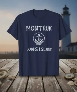 Montauk Long Island anchor graphic t-shirt with rope-like typography in white