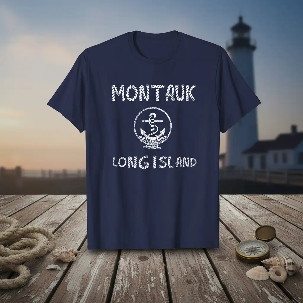 Montauk Long Island anchor design with rope-style text on a navy blue t-shirt