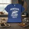 Montauk New York Fishing Co. t-shirt design featuring a jumping striped bass fish and ocean waves