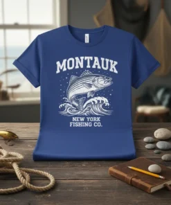 Montauk New York Fishing Co. t-shirt design featuring a jumping striped bass fish and ocean waves